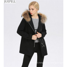 Europe Women Coat New Winter Long Women′s Wool Hooded Fur Collar Fur Women Coat